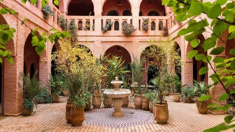 beautiful garden inside moroccan courtyard, marrakech