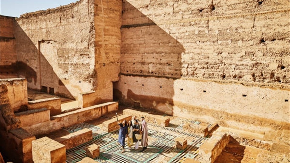 Mosaic tiling in the ruins of the El Badi Palace in Marrakech Morocco