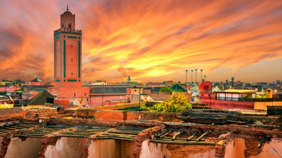 Panoramic sunset view of Marrakech and old medina, Morocco